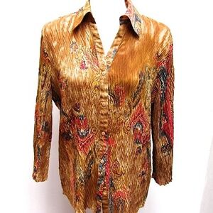 Bronze Paisley Floral Button-Up Shirt Crinkle Stretch Jaipur Womens Size Medium
